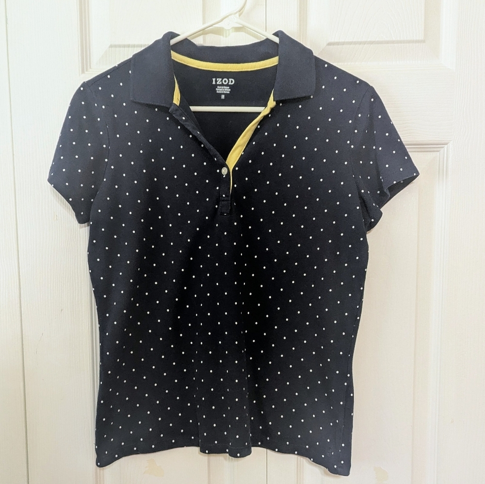 Izod-Women's-Short Sleeve -Polo Navy Blue/White Polkadot #Pickleball/Tennis SZ-M